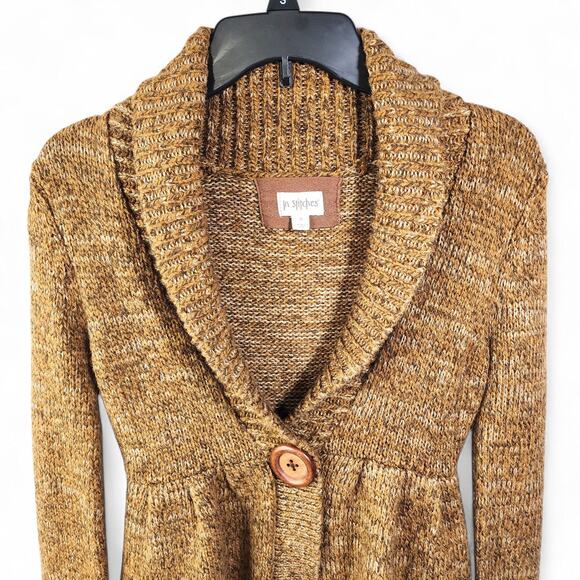 In Stitches Wool Blend Cardigan Wood Buttons Chunky Cozy Brown Womens Small - Picture 3 of 11
